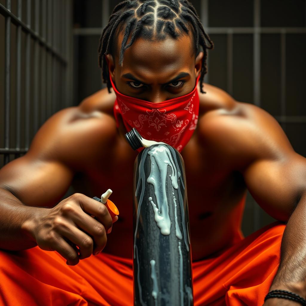 A close-up portrait of a muscular African American gang member displaying an angry expression