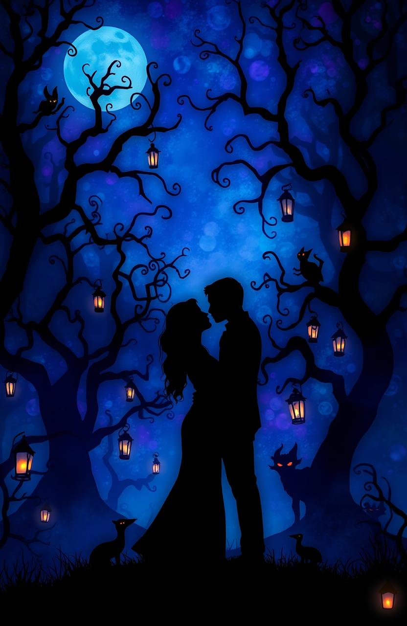A hauntingly beautiful dark romance scene set in a mysterious world reminiscent of Coraline