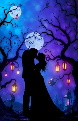 A hauntingly beautiful dark romance scene set in a mysterious world reminiscent of Coraline
