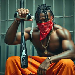 A close-up of a muscular African American gang member expressing anger, wearing baggy orange pants and a red bandana mask covering his mouth and nose