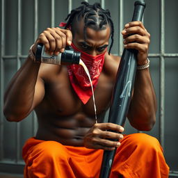 A close-up of a muscular African American gang member expressing anger, wearing baggy orange pants and a red bandana mask covering his mouth and nose