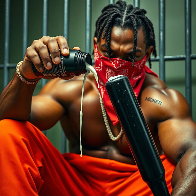 A close-up of a muscular African American gang member expressing anger, wearing baggy orange pants and a red bandana mask covering his mouth and nose