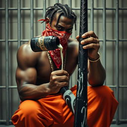 A close-up of a muscular African American gang member expressing anger, wearing baggy orange pants and a red bandana mask covering his mouth and nose