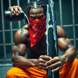 A close-up image of a muscular African American man, representing a gang member, with an angry expression