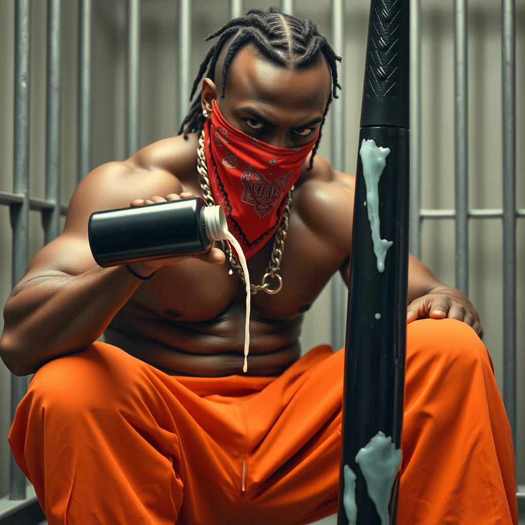 A close-up image of a muscular African American man, representing a gang member, with an angry expression