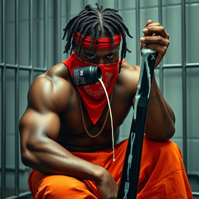 A close-up image of a muscular African American man, representing a gang member, with an angry expression