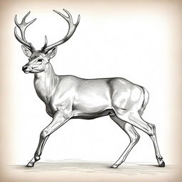 A highly detailed, well-proportioned sketch of a male deer, illustrated in two poses: galloping in profile and standing still facing forward, depicted with clear contours and grand antlers