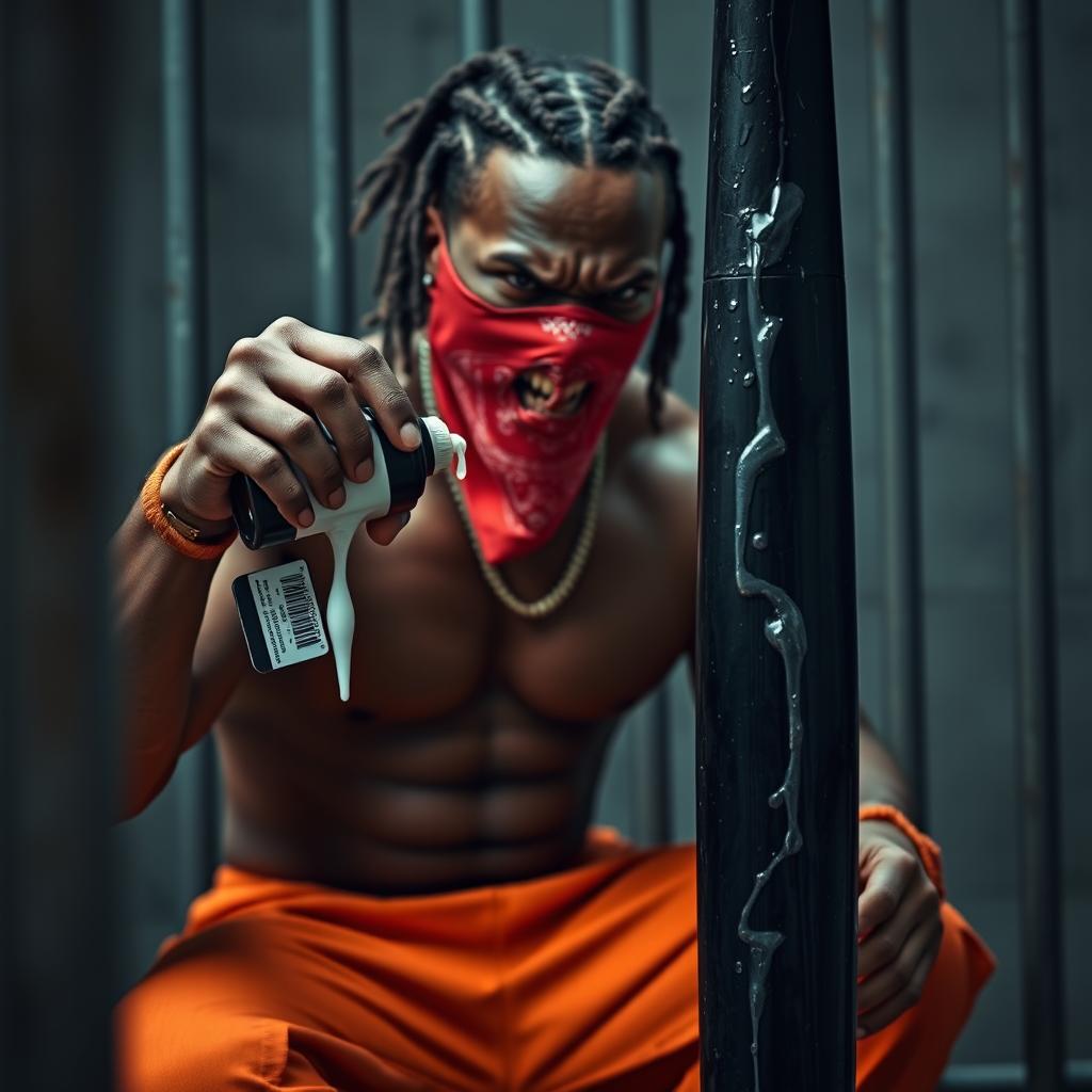 A close-up shot of a muscular African American gang member expressing anger, wearing baggy orange pants and a red bandana mask covering his mouth and nose