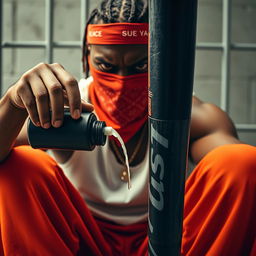 A close-up shot of a muscular African American gang member expressing anger, wearing baggy orange pants and a red bandana mask covering his mouth and nose