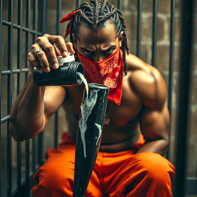 A close-up shot of a muscular African American gang member expressing anger, wearing baggy orange pants and a red bandana mask covering his mouth and nose