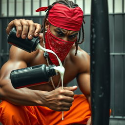 A close-up shot of a muscular African American gang member expressing anger, wearing baggy orange pants and a red bandana mask covering his mouth and nose