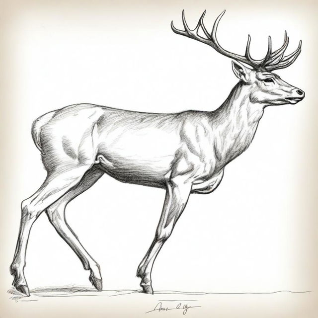 A highly detailed, well-proportioned sketch of a male deer, illustrated in two poses: galloping in profile and standing still facing forward, depicted with clear contours and grand antlers