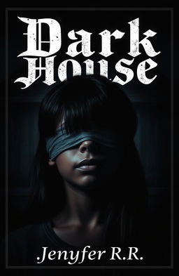 A 20-year-old girl with dark skin and black hair, her eyes blindfolded, standing against a backdrop of a dark house