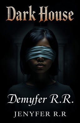 A 20-year-old girl with dark skin and black hair, her eyes blindfolded, standing against a backdrop of a dark house