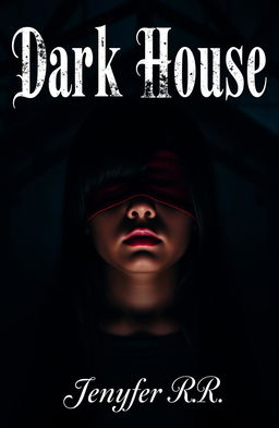 A 20-year-old girl with dark skin and black hair, her eyes blindfolded, standing against a backdrop of a dark house