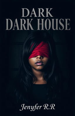 A 20-year-old girl with dark skin and black hair, her eyes blindfolded, standing against a backdrop of a dark house