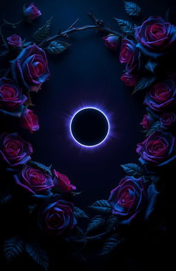 A dark-themed image featuring deep blues and purples with an eclipse at the center, surrounded by a 3D frame of roses and thorns