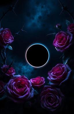 A dark-themed image featuring deep blues and purples with an eclipse at the center, surrounded by a 3D frame of roses and thorns