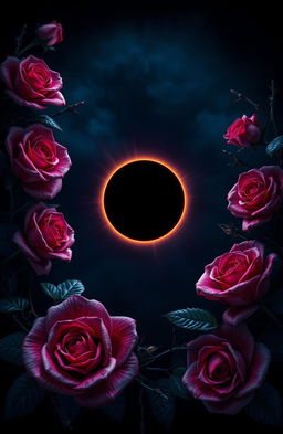 A dark-themed image featuring deep blues and purples with an eclipse at the center, surrounded by a 3D frame of roses and thorns