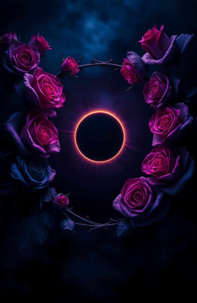 A dark-themed image featuring deep blues and purples with an eclipse at the center, surrounded by a 3D frame of roses and thorns