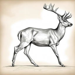 A highly detailed, well-proportioned sketch of a male deer, illustrated in two poses: galloping in profile and standing still facing forward, depicted with clear contours and grand antlers