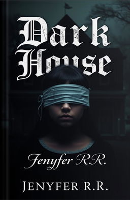 A 20-year-old girl with dark skin and black hair, her eyes covered by a blindfold, stands in front of a dark house that looms ominously behind her