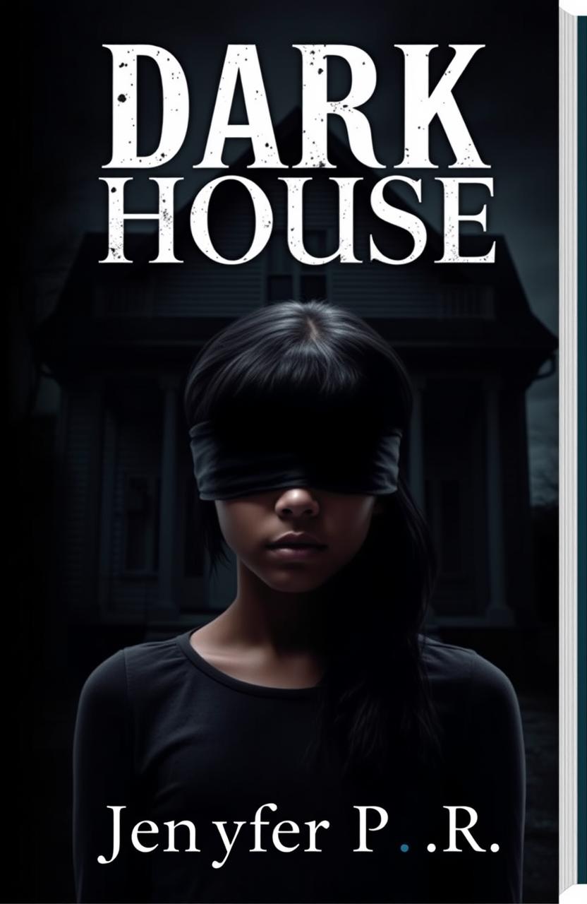 A 20-year-old girl with dark skin and black hair, her eyes covered by a blindfold, stands in front of a dark house that looms ominously behind her