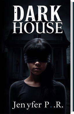 A 20-year-old girl with dark skin and black hair, her eyes covered by a blindfold, stands in front of a dark house that looms ominously behind her