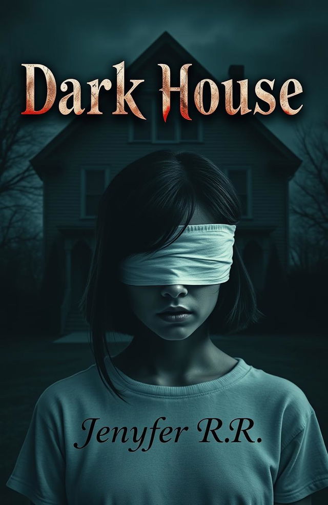 A 20-year-old girl with dark skin and black hair, her eyes covered by a blindfold, stands in front of a dark house that looms ominously behind her