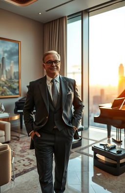 A wealthy billionaire standing confidently in a luxurious office, overlooking a city skyline from a large window, dressed in an elegant tailored suit