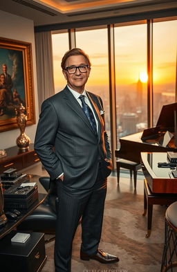 A wealthy billionaire standing confidently in a luxurious office, overlooking a city skyline from a large window, dressed in an elegant tailored suit