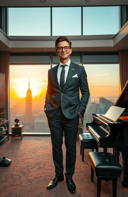 A wealthy billionaire standing confidently in a luxurious office, overlooking a city skyline from a large window, dressed in an elegant tailored suit