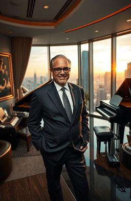 A wealthy billionaire standing confidently in a luxurious office, overlooking a city skyline from a large window, dressed in an elegant tailored suit