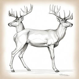 A highly detailed, well-proportioned sketch of a male deer, illustrated in two poses: galloping in profile and standing still facing forward, depicted with clear contours and grand antlers