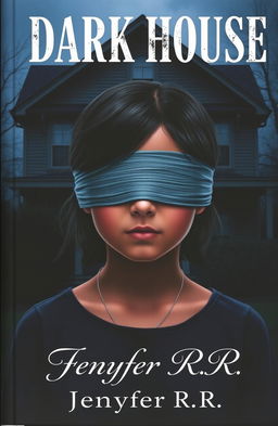 A 20-year-old girl with dark skin and black hair, her eyes blindfolded, standing in front of a dark house