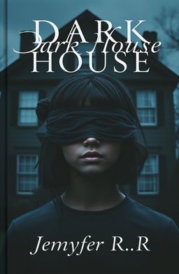 A 20-year-old girl with dark skin and black hair, her eyes blindfolded, standing in front of a dark house