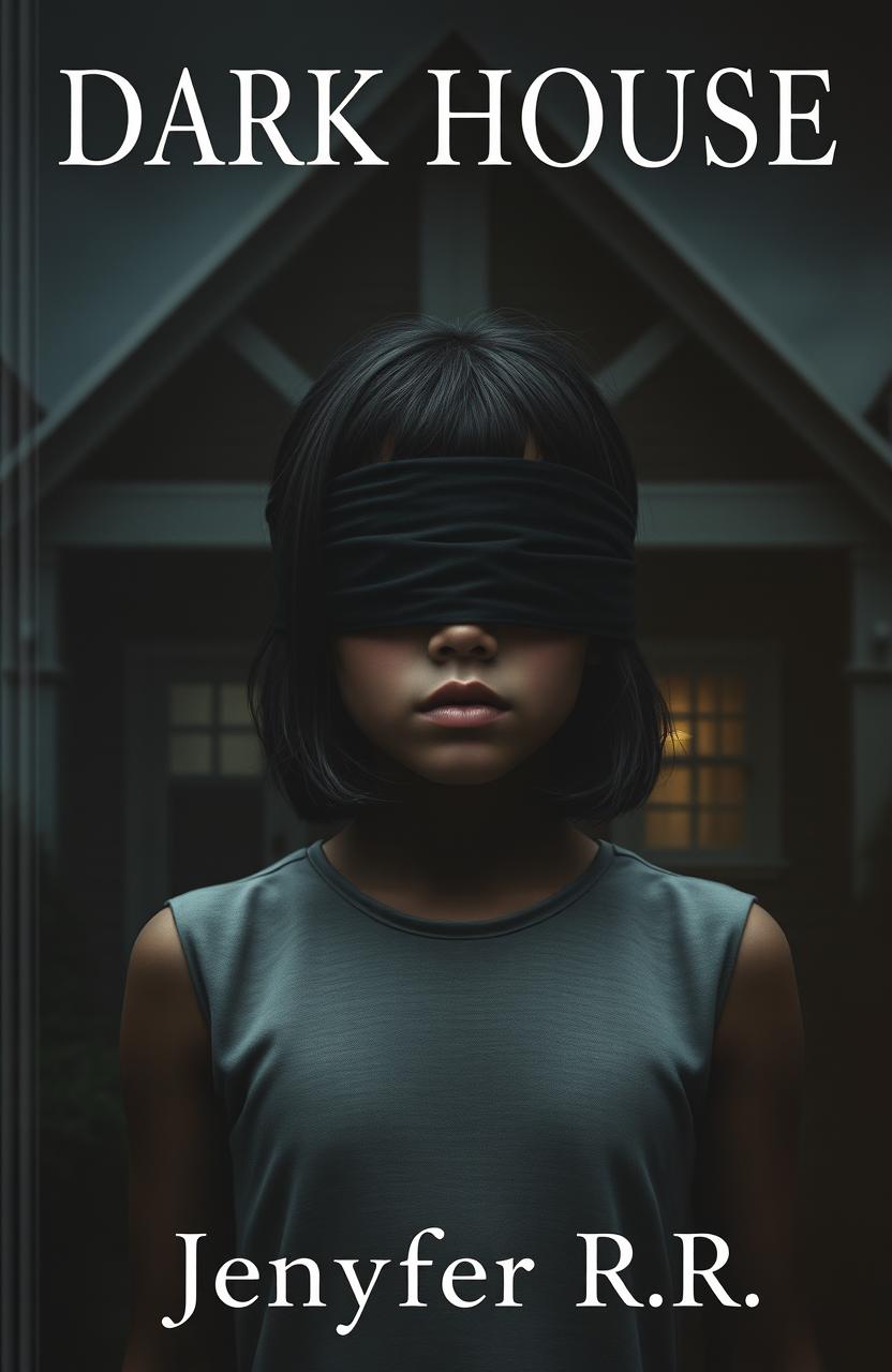 A 20-year-old girl with dark skin and black hair, her eyes blindfolded, standing in front of a dark house