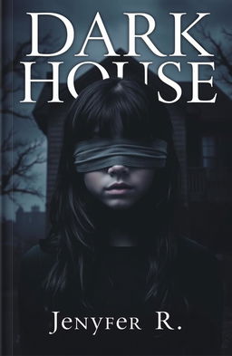 A 20-year-old girl with dark skin and black hair, her eyes blindfolded, standing in front of a dark house