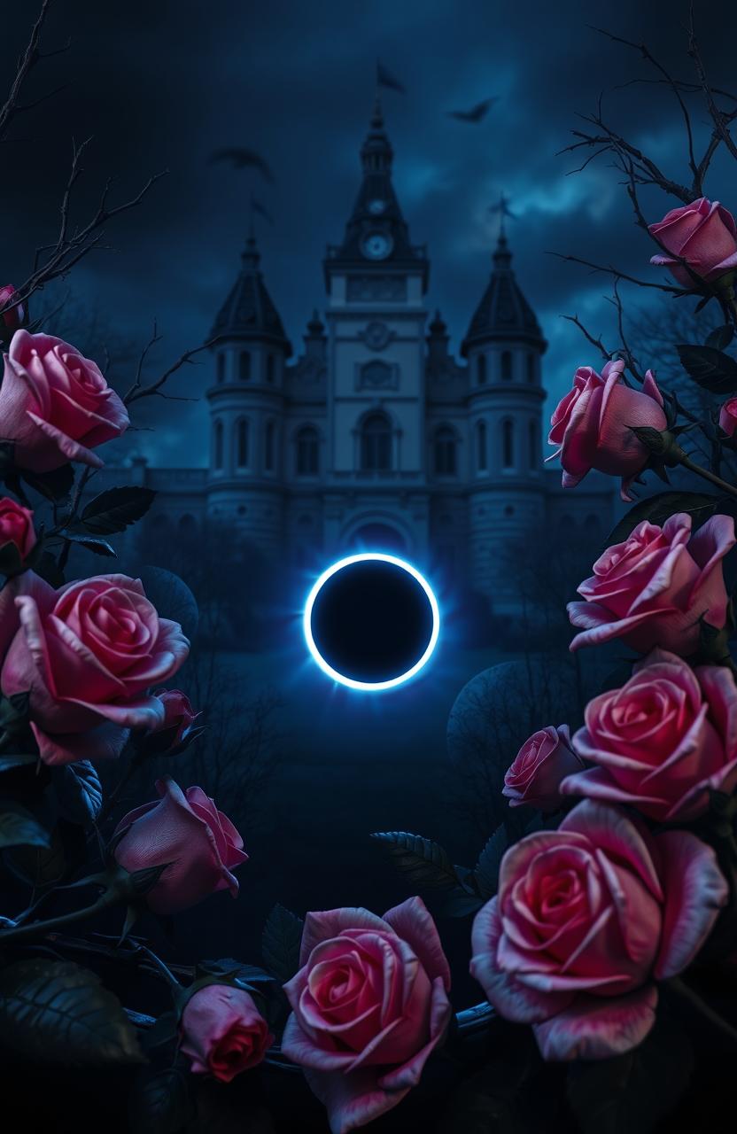 A dark themed scene featuring deep blue and purple hues, incorporating elements that resemble an eclipse