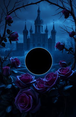 A dark themed scene featuring deep blue and purple hues, incorporating elements that resemble an eclipse