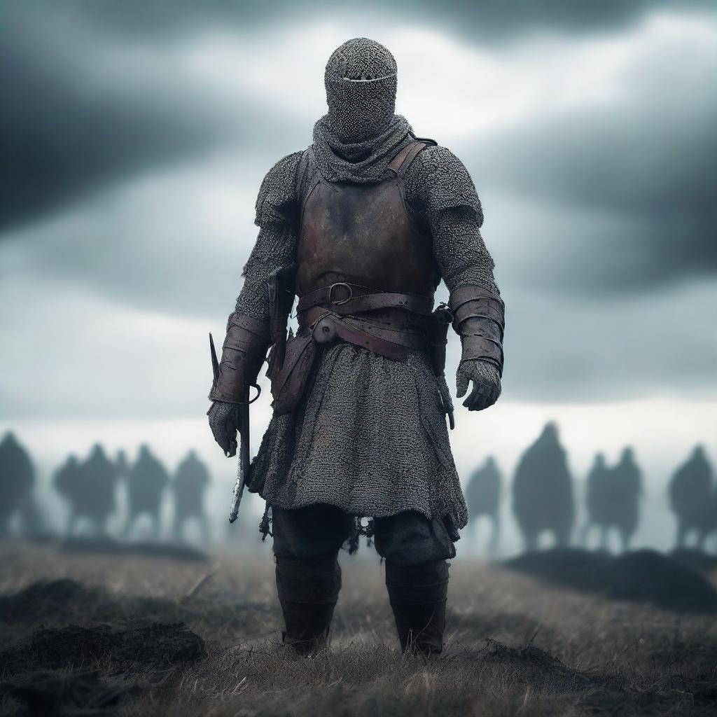 Generate an intense image of a medieval soldier standing strong in the aftermath of a gruesome battle, with the fallen bodies of fellow soldiers around him on a war-torn field under a bleak sky