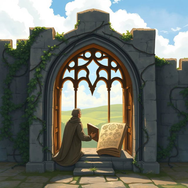 An enchanting illustration depicting the exterior of a medieval castle with a large, arched window