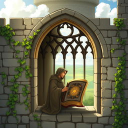 An enchanting illustration depicting the exterior of a medieval castle with a large, arched window