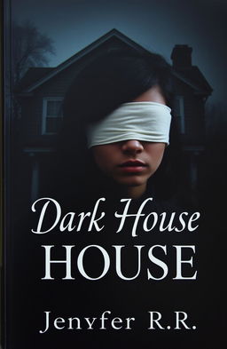 A young woman with dark skin and black hair, her eyes covered with a blindfold, standing in front of a dark, ominous house