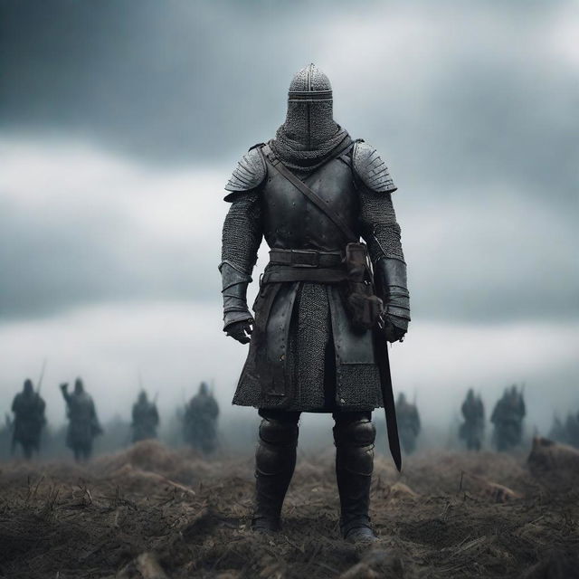 Generate an intense image of a medieval soldier standing strong in the aftermath of a gruesome battle, with the fallen bodies of fellow soldiers around him on a war-torn field under a bleak sky