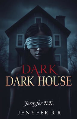 A young woman with dark skin and black hair, her eyes covered with a blindfold, standing in front of a dark, ominous house