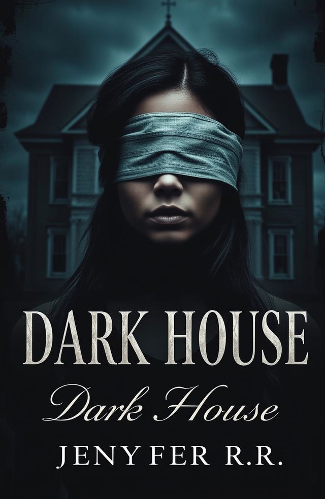 A young woman with dark skin and black hair, her eyes covered with a blindfold, standing in front of a dark, ominous house