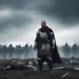 Generate an intense image of a medieval soldier standing strong in the aftermath of a gruesome battle, with the fallen bodies of fellow soldiers around him on a war-torn field under a bleak sky