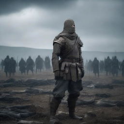 Generate an intense image of a medieval soldier standing strong in the aftermath of a gruesome battle, with the fallen bodies of fellow soldiers around him on a war-torn field under a bleak sky