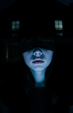 A girl with black hair, eyes blindfolded, standing in front of a dark house, creating an atmosphere of mystery and suspense